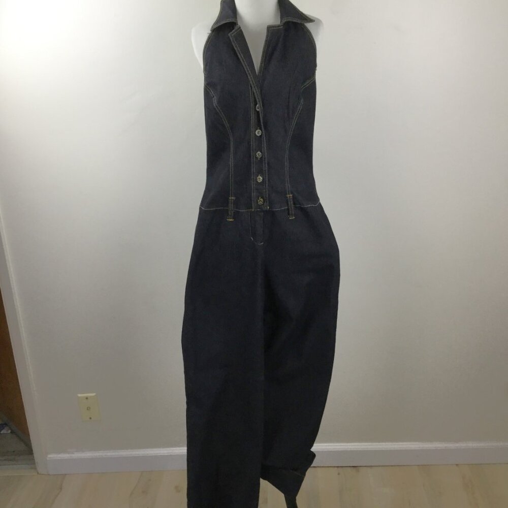 Bisou Bisou Denim Wide Leg Halter Top Belted Jumpsuit l - Picture 2 of 9